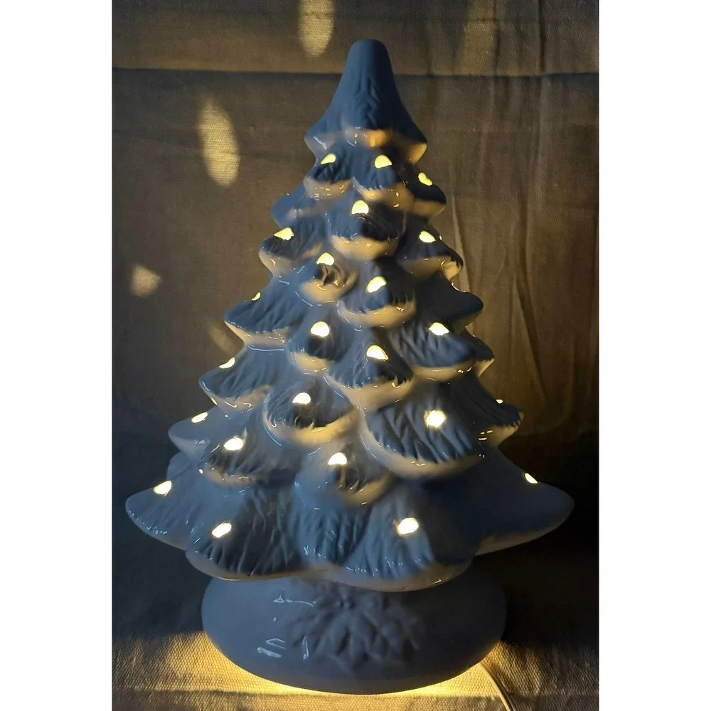White Ceramic Lighted Christmas Tree 12 Inch Tabletop Holiday Decor Glossy Glaze